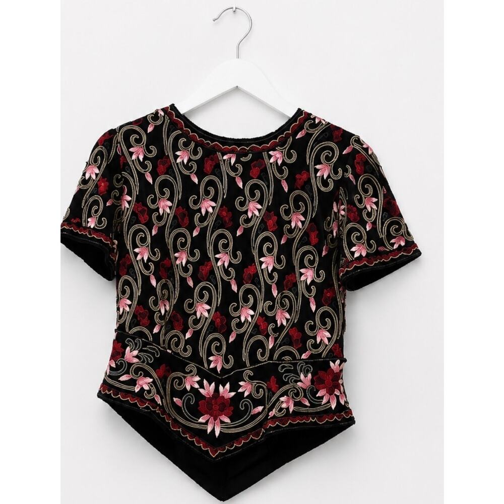 Adrianna Papell Black Floral Embroidered Evening Top Boutique Dressy Blouse